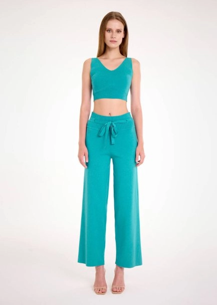 DRAWSTRING TEAL KNIT PANTS - 2
