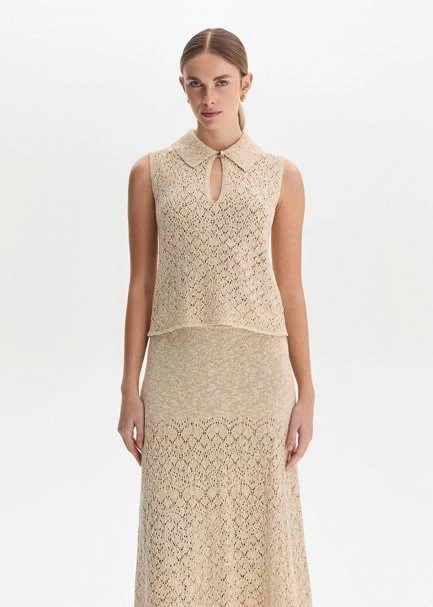 DROP COLLAR SAND KNIT TOP - 1