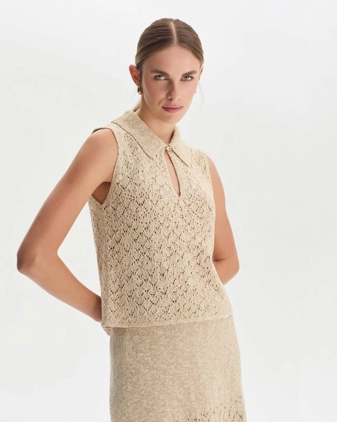 DROP COLLAR SAND KNIT TOP - 2