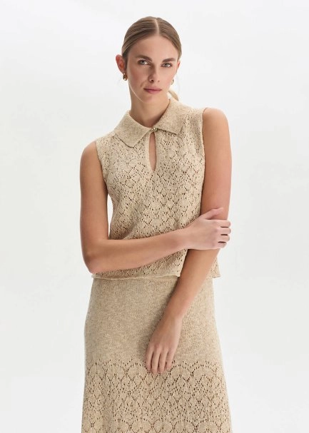 DROP COLLAR SAND KNIT TOP - 1