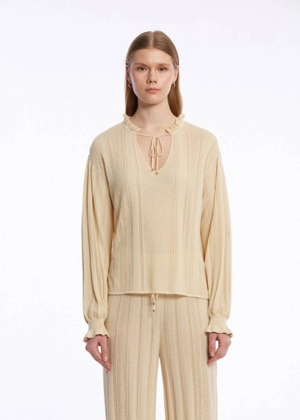 DROP COLLAR SPECIAL DESIGN SAND KNIT TOP - 1