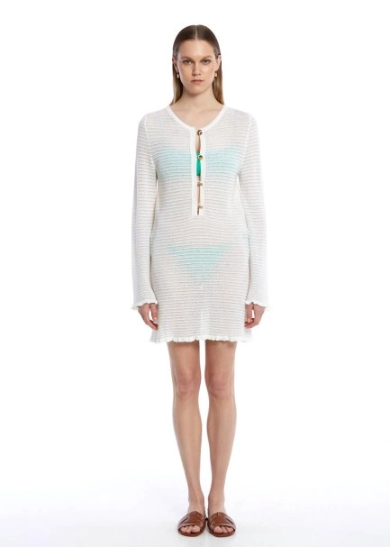 Düğme Kapamalı Beyaz Mini Triko Elbise - 2