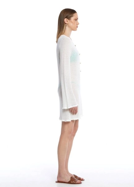 Düğme Kapamalı Beyaz Mini Triko Elbise - 4