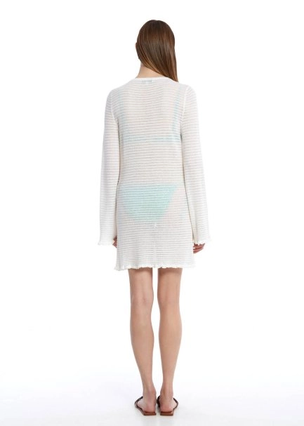 Düğme Kapamalı Beyaz Mini Triko Elbise - 5