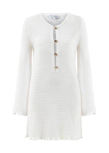 Düğme Kapamalı Beyaz Mini Triko Elbise - 6