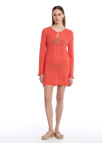 Düğme Kapamalı Mercan Mini Triko Elbise - 3