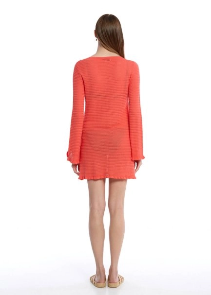 Düğme Kapamalı Mercan Mini Triko Elbise - 5