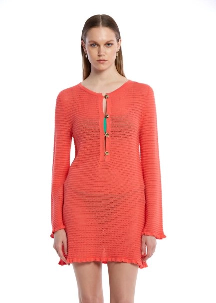 Düğme Kapamalı Mercan Mini Triko Elbise - 1