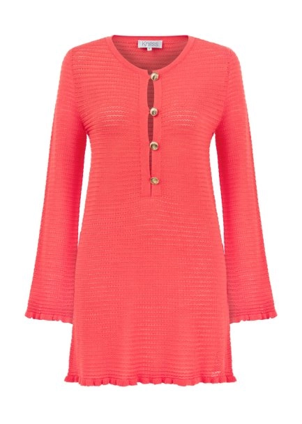 Düğme Kapamalı Mercan Mini Triko Elbise - 6