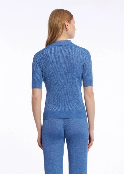 Düğme Kapamalı Polo Yaka Mavi Triko Üst - 5