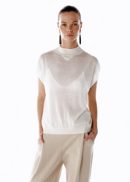 ECRU MERINO WOOL BLEND KNIT TOP - 1