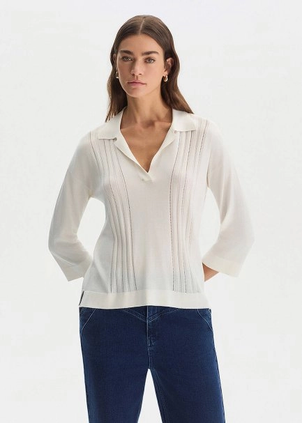 ECRU SILK BLEND POLO NECK SWEATER - 1