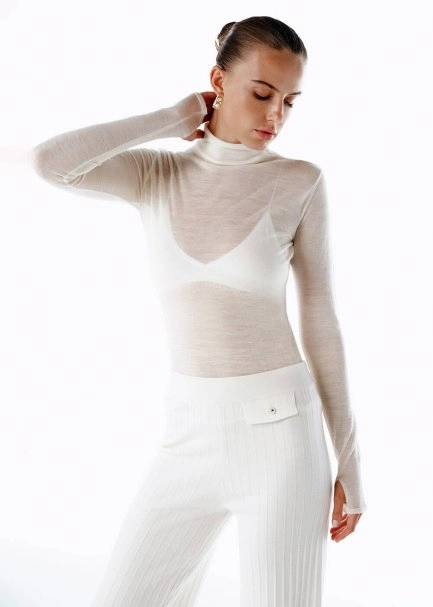 ECRU ULTRAFINE MERINO WOOL BLEND KNIT TOP - 4