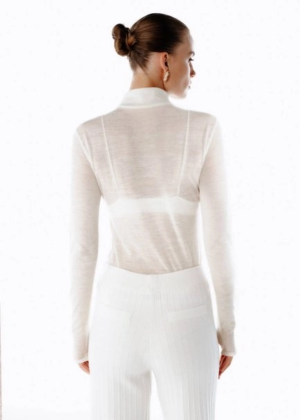 ECRU ULTRAFINE MERINO WOOL BLEND KNIT TOP - 5