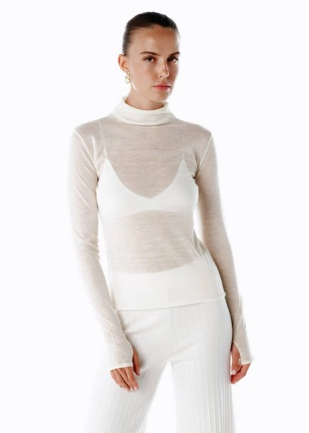 ECRU ULTRAFINE MERINO WOOL BLEND KNIT TOP - 1