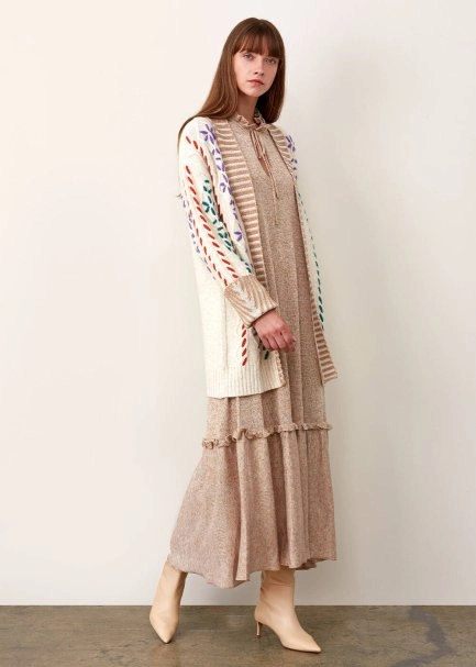 El İşlemeli Bej Yün Triko Hırka - 5