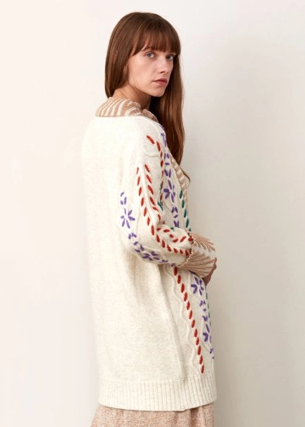 El İşlemeli Bej Yün Triko Hırka - 7