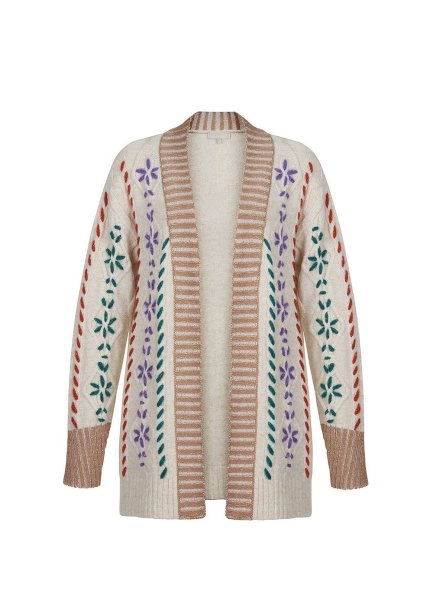 El İşlemeli Bej Yün Triko Hırka - 8