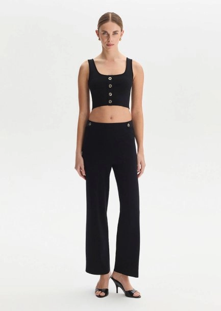 Epaulette Detaıled Black Knıt Pants - 3