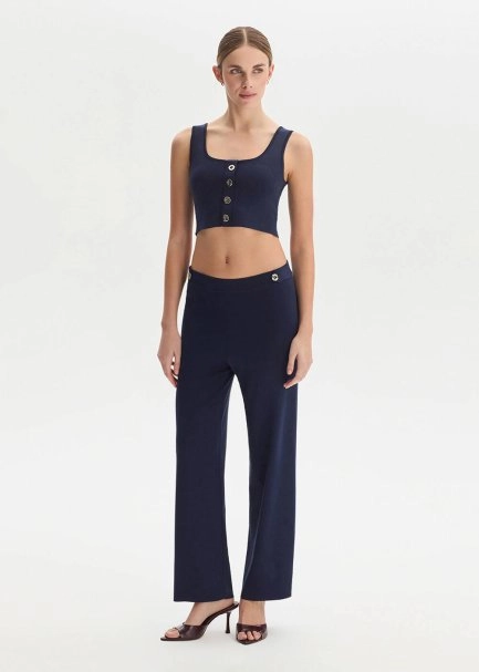 Epaulette Detaıled Navy Knıt Pants - 3