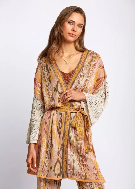 Ethnic Pattern Jacquard Knit Kimono - 1