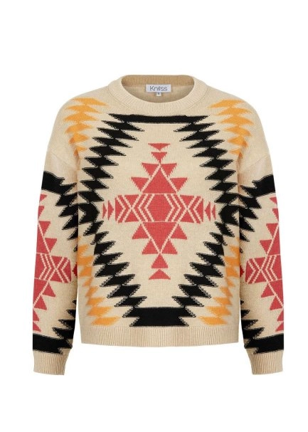 ETHNIC PATTERNED INTARSIA BEIGE BLACK SWEATER - 6