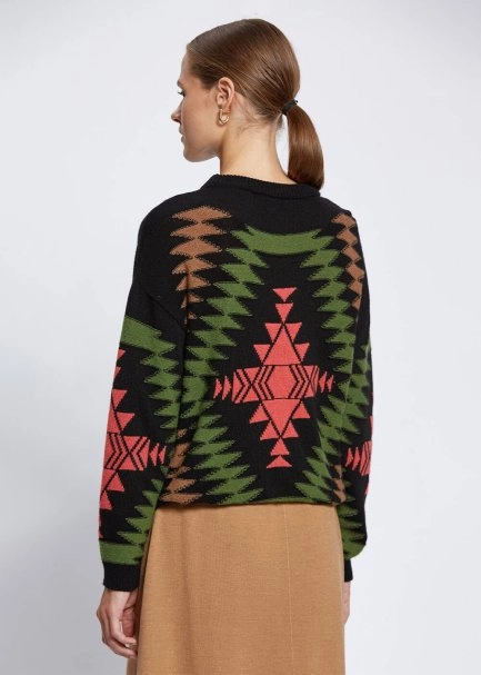 ETHNIC PATTERNED INTARSIA BLACK GREEN SWEATER - 4