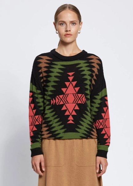 ETHNIC PATTERNED INTARSIA BLACK GREEN SWEATER - 1