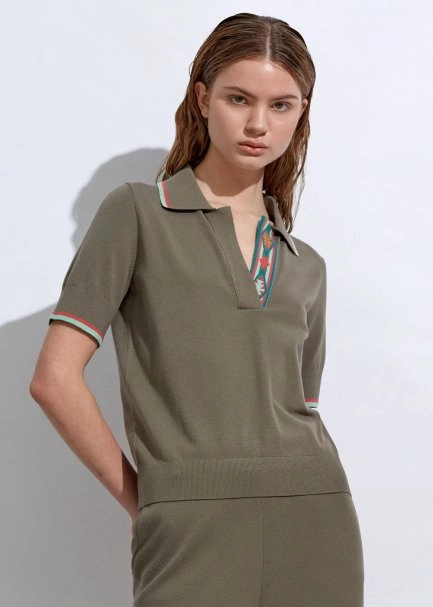 Ethnic Trimmed Rosemary Knit Polo Top - 1