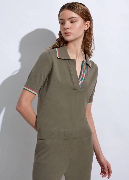 Ethnic Trimmed Rosemary Knit Polo Top - 3