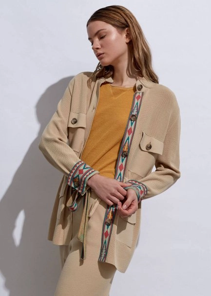 Ethnic Trimmed Sand Knit Jacket - 1