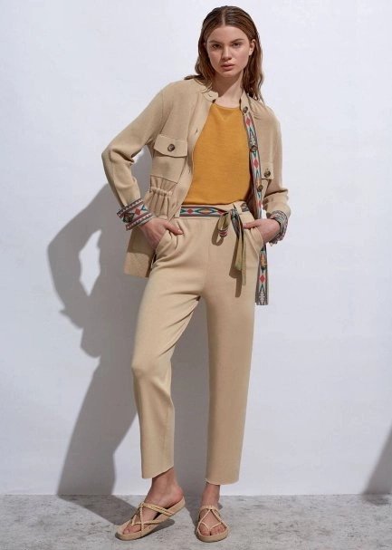 Ethnic Trimmed Sand Knit Jacket - 2