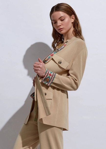 Ethnic Trimmed Sand Knit Jacket - 3