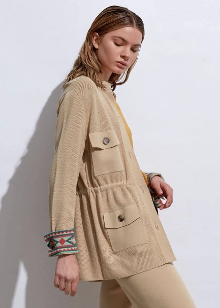 Ethnic Trimmed Sand Knit Jacket - 5