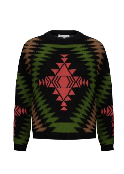 Etnik Desenli İntersia Siyah Yeşil Triko - 6