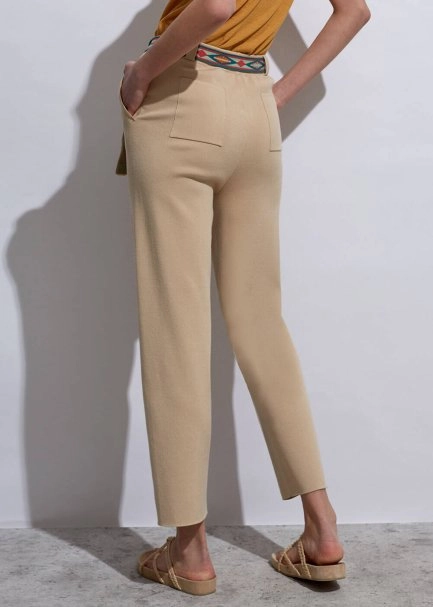 Etnik Şerit Detaylı Bej Triko Pantolon - 6