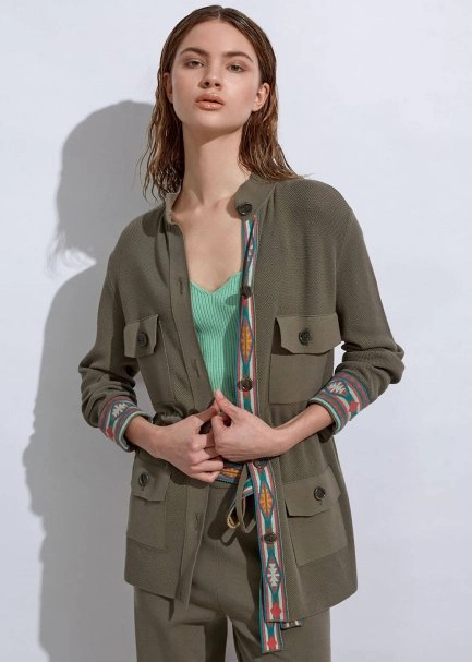 Etnik Şerit Detaylı Haki Triko Ceket - 1