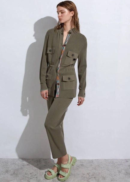 Etnik Şerit Detaylı Haki Triko Ceket - 2