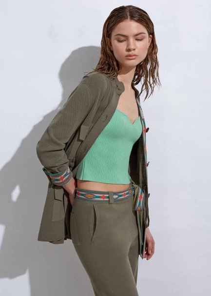 Etnik Şerit Detaylı Haki Triko Ceket - 4