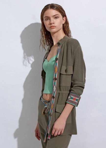 Etnik Şerit Detaylı Haki Triko Ceket - 5