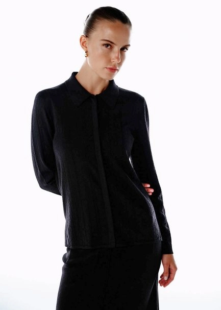 EXTRAFINE MERINO WOOL RICH BLEND KNIT SHIRT BLACK - 1