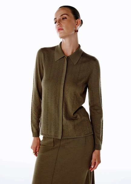 EXTRAFINE MERINO WOOL RICH BLEND KNIT SHIRT OLIVESTONE - 1