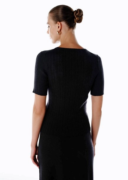 Extrafıne Merino Yün Karışımlı Siyah Triko Üst - 5