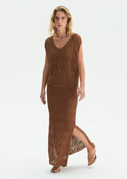 FANCY KNIT DETAILED BRONZE KNIT SKIRT - 3