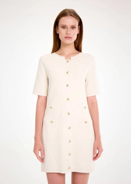 FANCY KNIT DETAILED ECRU MINI KNIT DRESS - 1