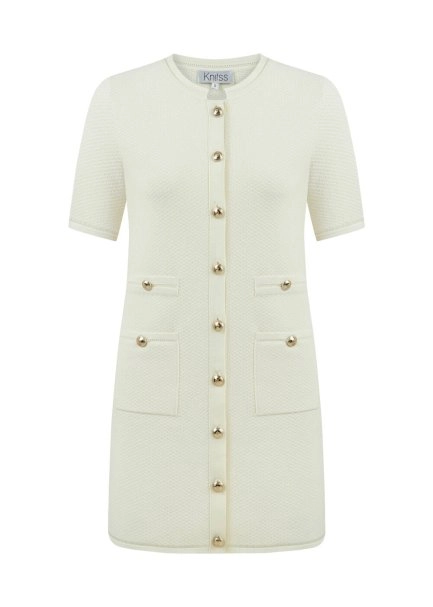 FANCY KNIT DETAILED ECRU MINI KNIT DRESS - 6