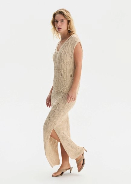 FANCY KNIT DETAILED SAND KNIT SKIRT - 4