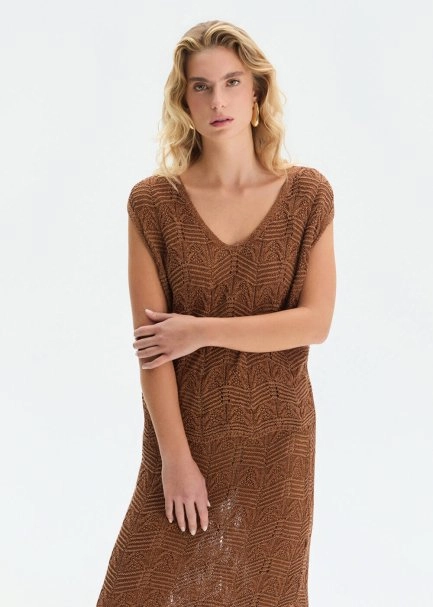FANCY KNIT DETAILED V NECK BRONZ KNIT TOP - 3