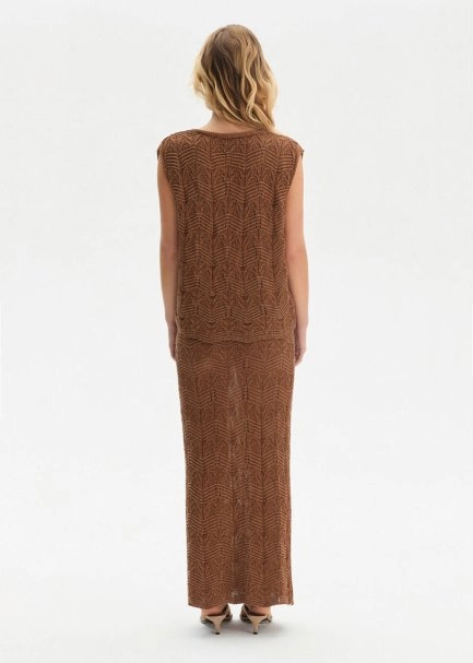 FANCY KNIT DETAILED V NECK BRONZ KNIT TOP - 5