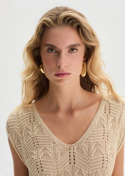 FANCY KNIT DETAILED V NECK SAND KNIT TOP - 3